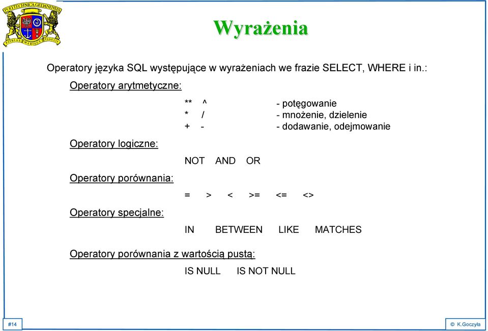 ^ - potęgowanie * / - mnożenie, dzielenie + - - dodawanie, odejmowanie NOT AND OR = > < >=