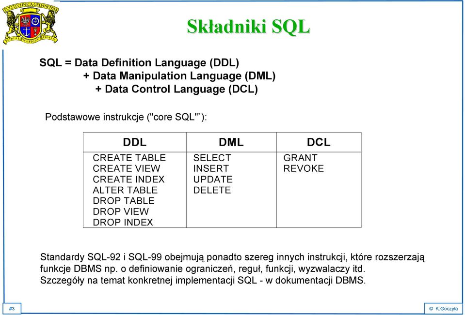 UPDATE DELETE GRANT REVOKE Standardy SQL-92 i SQL-99 obejmują ponadto szereg innych instrukcji, które rozszerzają funkcje DBMS np.