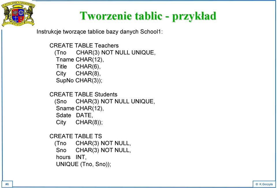 CHAR(3)); CREATE TABLE Students (Sno CHAR(3) NOT NULL UNIQUE, Sname CHAR(12), Sdate DATE, City