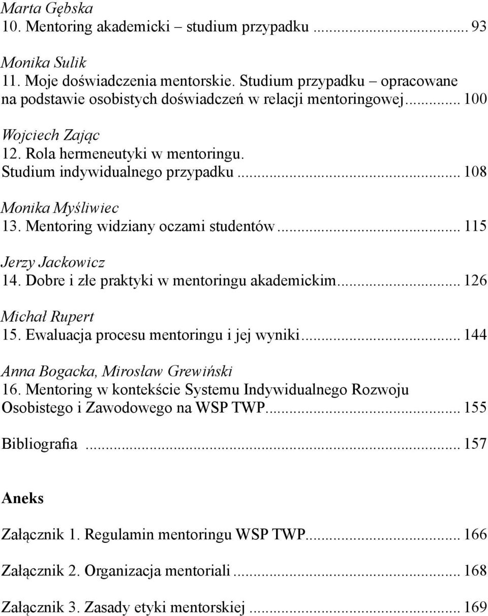 Dobre i złe praktyki w mentoringu akademickim... 126 Michał Rupert 15. Ewaluacja procesu mentoringu i jej wyniki... 144 Anna Bogacka, Mirosław Grewiński 16.