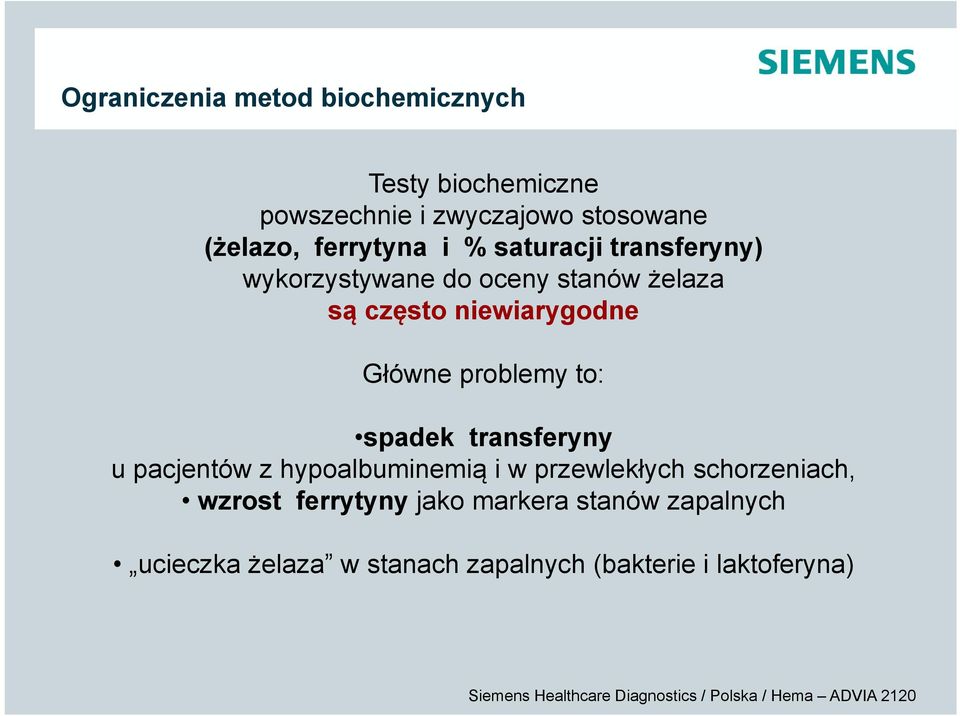 Główne problemy to: spadek transferyny u pacjentów z hypoalbuminemią i w przewlekłych schorzeniach,