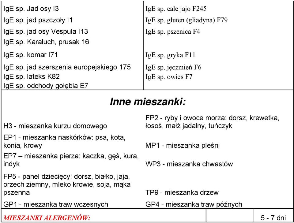 odchody gołębia E7 Inne mieszanki: H3 - mieszanka kurzu domowego EP1 - mieszanka naskórków: psa, kota, konia, krowy EP7 mieszanka pierza: kaczka, gęś, kura, indyk FP5 - panel dziecięcy: dorsz,