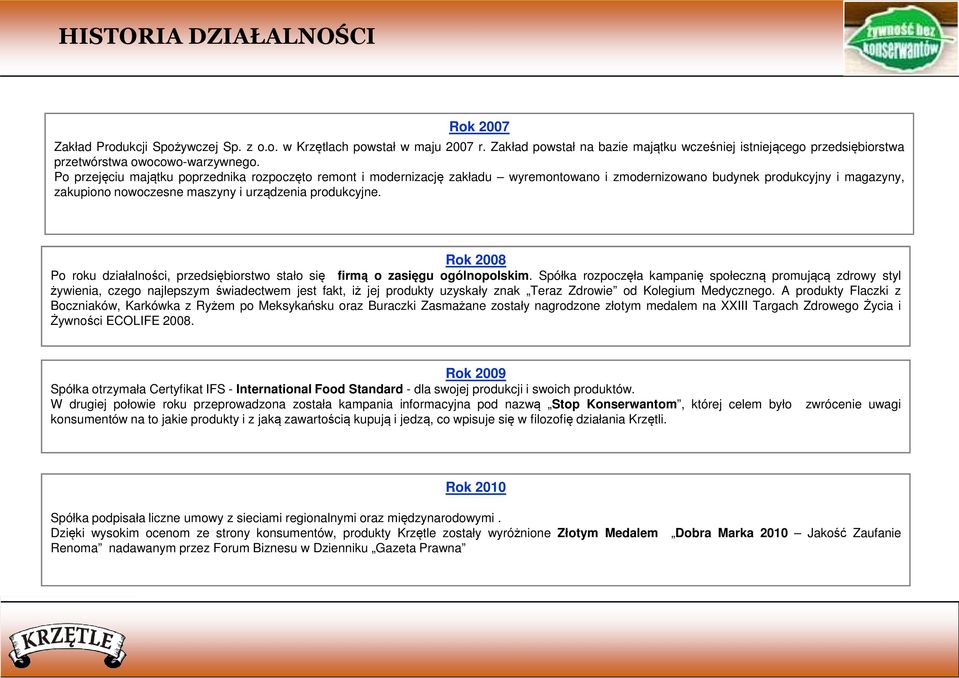 Po przejęciu majątku poprzednika rozpoczęto remont i modernizację zakładu wyremontowano i zmodernizowano budynek produkcyjny i magazyny, zakupiono nowoczesne maszyny i urządzenia produkcyjne.