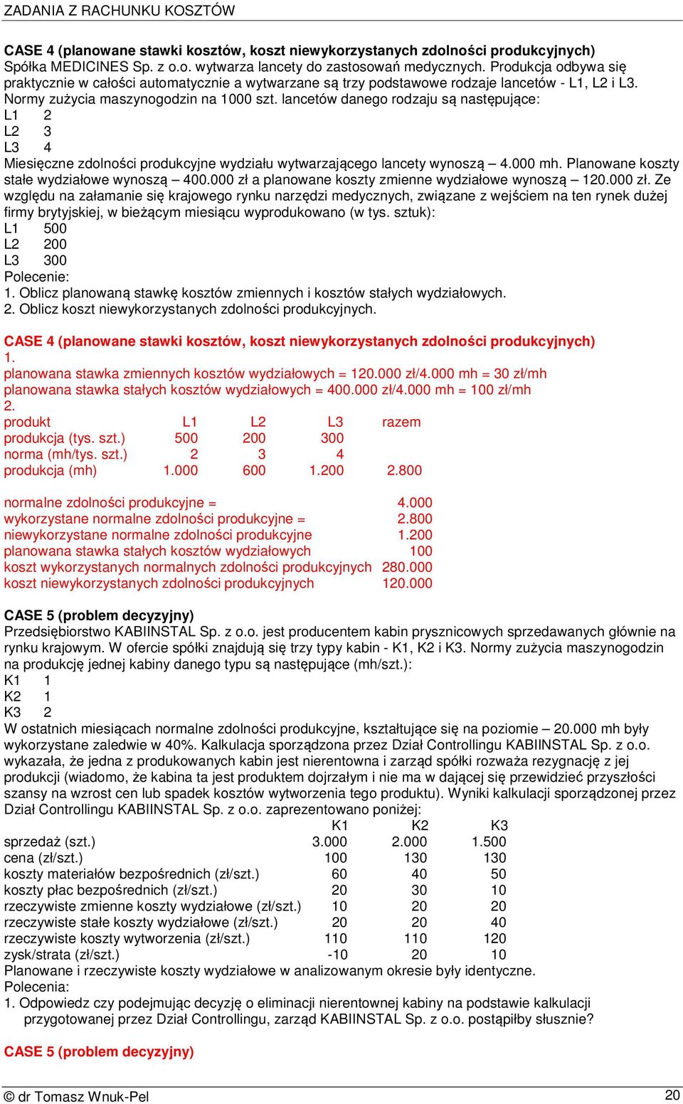 lancetów danego rodzaju są następujące: L1 2 L2 3 L3 4 Miesięczne zdolności produkcyjne wydziału wytwarzającego lancety wynoszą 4.000 mh. Planowane koszty stałe wydziałowe wynoszą 400.