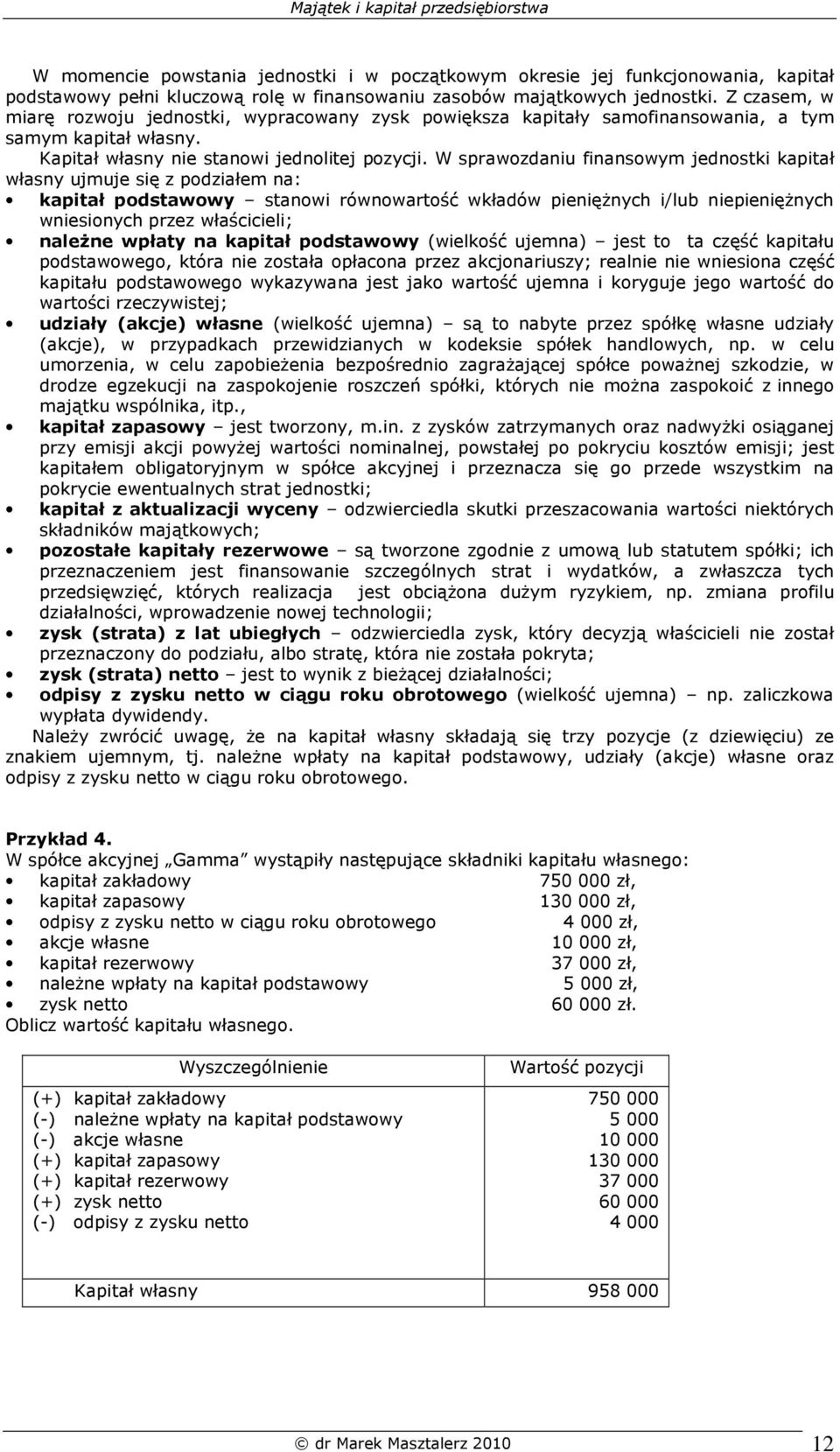 W sprawozdaniu finansowym jednostki kapitał własny ujmuje się z podziałem na: kapitał podstawowy stanowi równowartość wkładów pienięŝnych i/lub niepienięŝnych wniesionych przez właścicieli; naleŝne