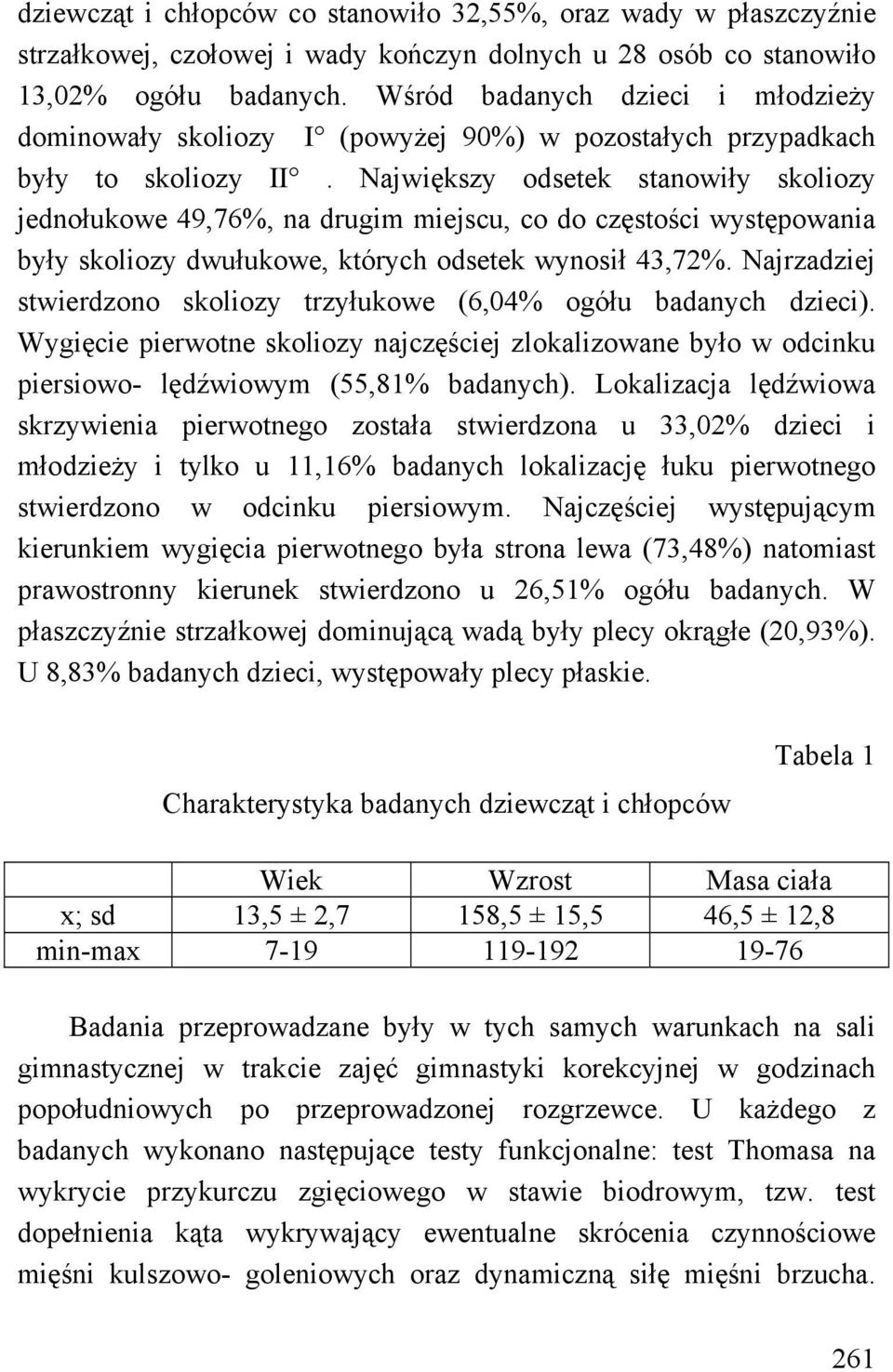 Największy odsetek stanowiły skoliozy jednołukowe 49,76%, na drugim miejscu, co do częstości występowania były skoliozy dwułukowe, których odsetek wynosił 43,72%.