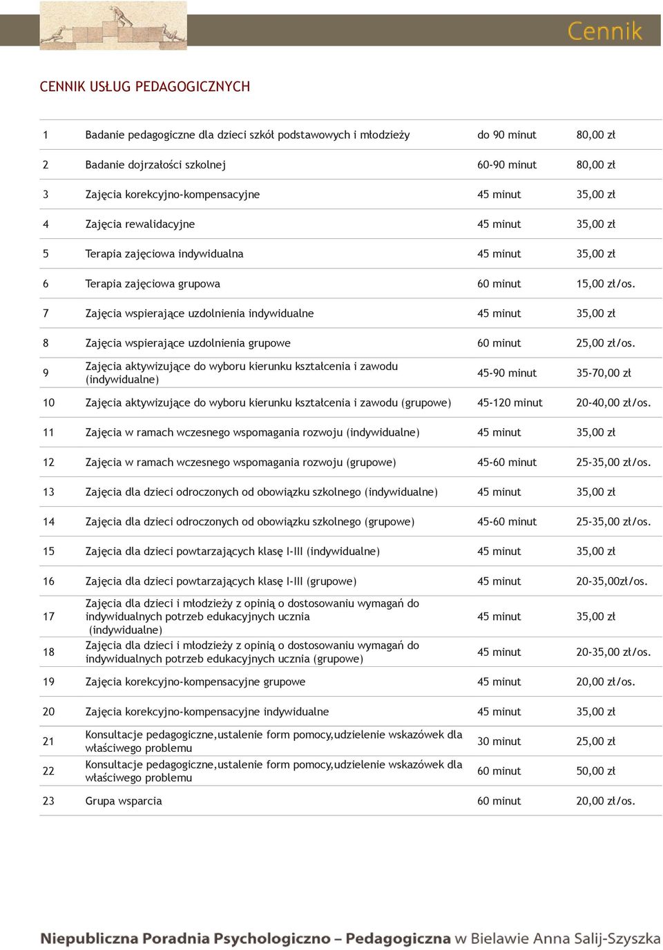 7 Zajęcia wspierające uzdolnienia indywidualne 8 Zajęcia wspierające uzdolnienia grupowe 60 minut 25,00 zł/os.