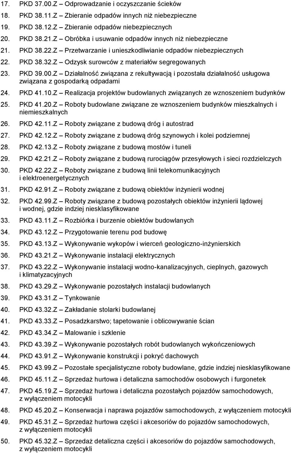 00.Z Działalność związana z rekultywacją i pozostała działalność usługowa związana z gospodarką odpadami 24. PKD 41.10.Z Realizacja projektów budowlanych związanych ze wznoszeniem budynków 25. PKD 41.20.