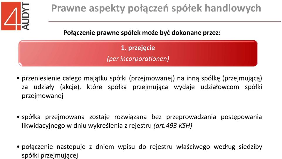 (akcje), które spółka przejmująca wydaje udziałowcom spółki przejmowanej spółka przejmowana zostaje rozwiązana bez