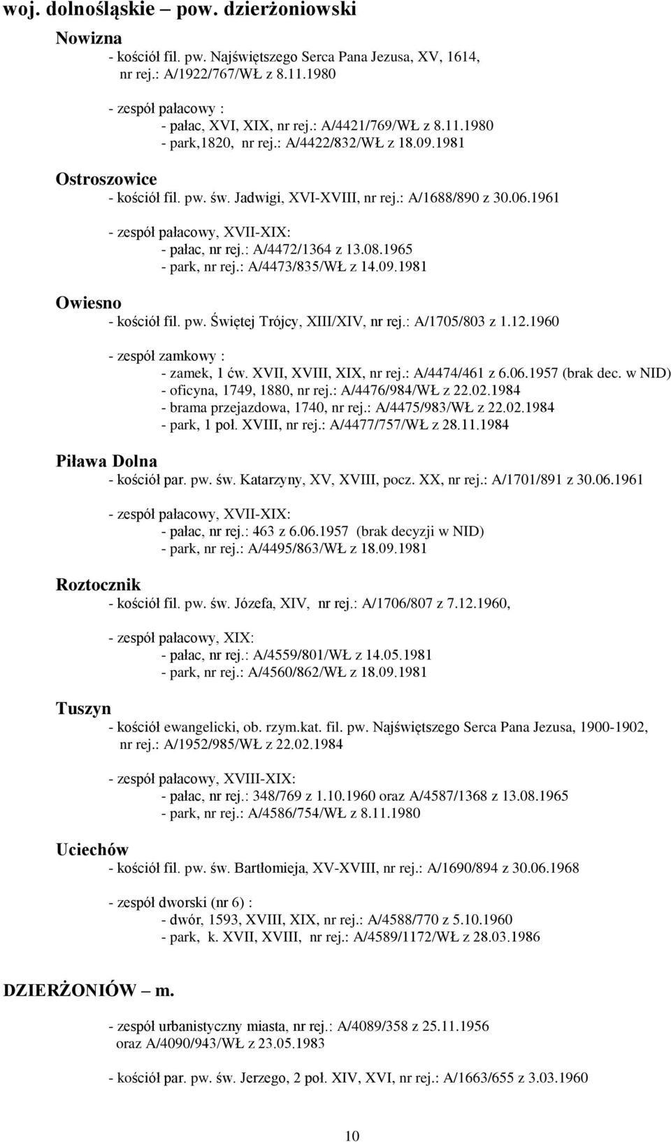1961 - zespół pałacowy, XVII-XIX: - pałac, nr rej.: A/4472/1364 z 13.08.1965 - park, nr rej.: A/4473/835/WŁ z 14.09.1981 Owiesno - kościół fil. pw. Świętej Trójcy, XIII/XIV, nr rej.: A/1705/803 z 1.