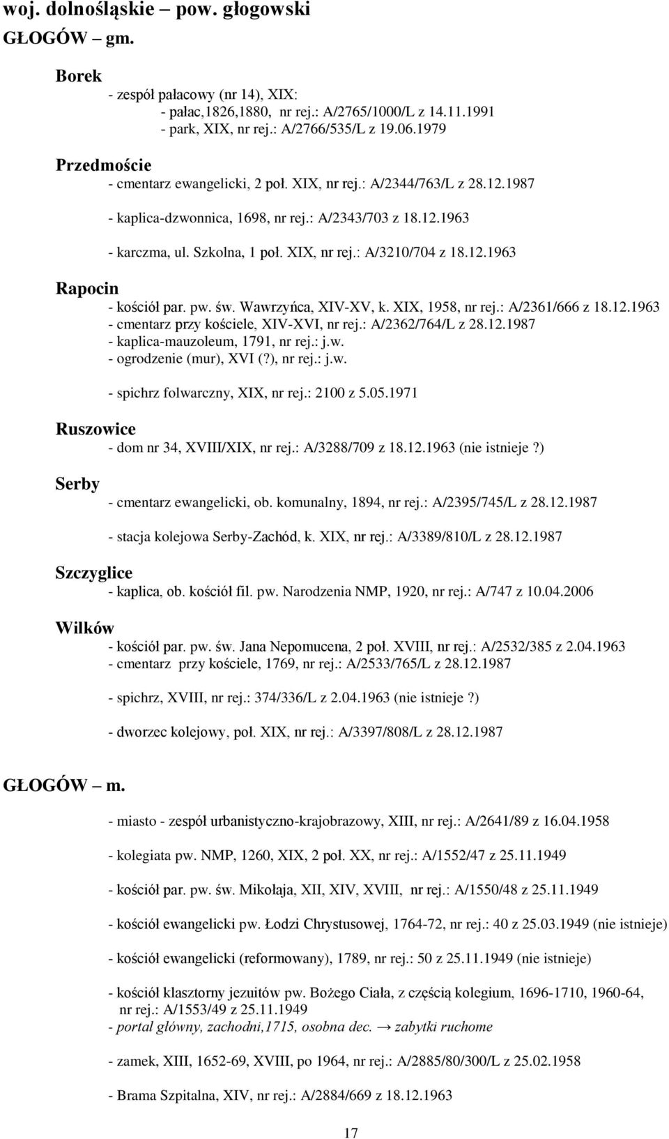 12.1963 Rapocin - kościół par. pw. św. Wawrzyńca, XIV-XV, k. XIX, 1958, nr rej.: A/2361/666 z 18.12.1963 - cmentarz przy kościele, XIV-XVI, nr rej.: A/2362/764/L z 28.12.1987 - kaplica-mauzoleum, 1791, nr rej.