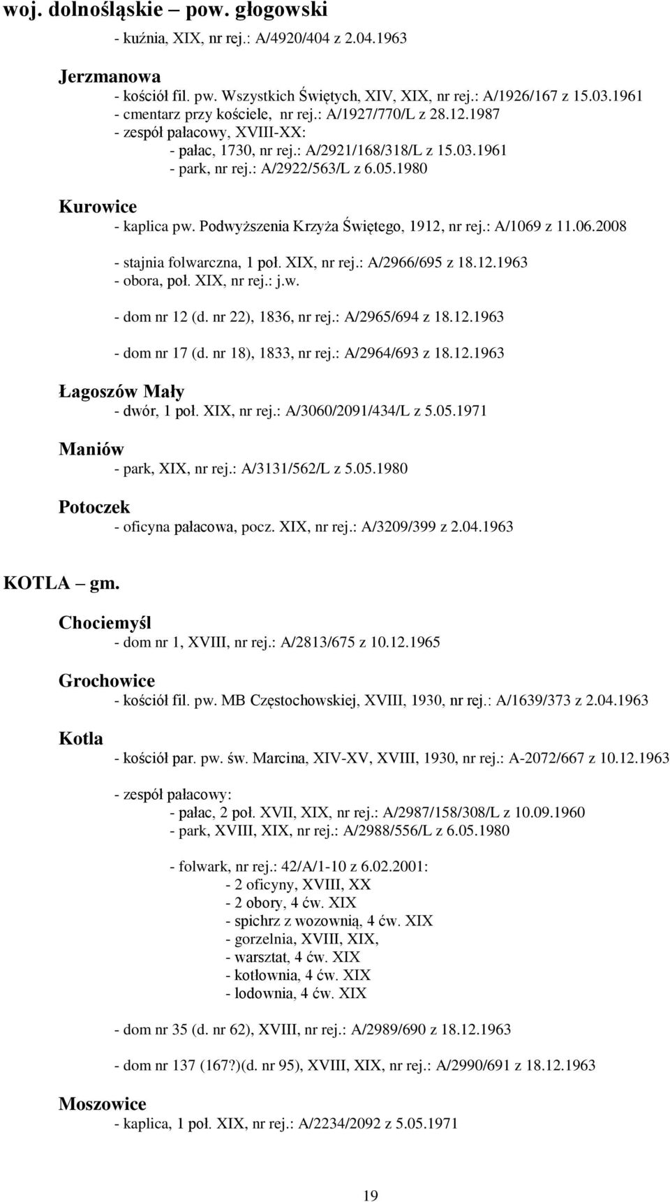 1980 Kurowice - kaplica pw. Podwyższenia Krzyża Świętego, 1912, nr rej.: A/1069 z 11.06.2008 - stajnia folwarczna, 1 poł. XIX, nr rej.: A/2966/695 z 18.12.1963 - obora, poł. XIX, nr rej.: j.w. - dom nr 12 (d.