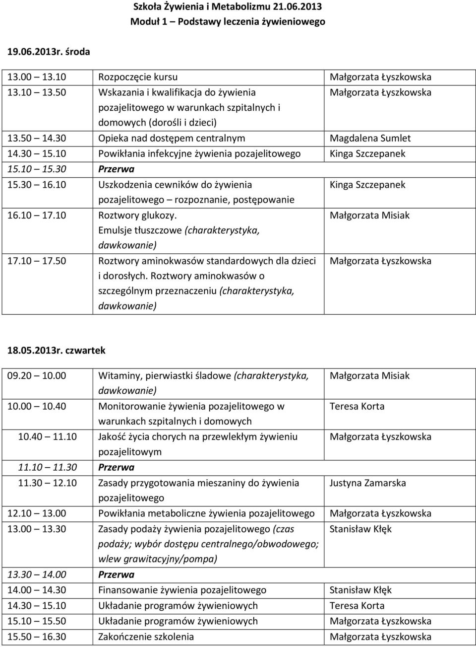 10 Powikłania infekcyjne żywienia pozajelitowego Kinga Szczepanek 15.10 15.30 Przerwa 15.30 16.10 Uszkodzenia cewników do żywienia pozajelitowego rozpoznanie, postępowanie 16.10 17.