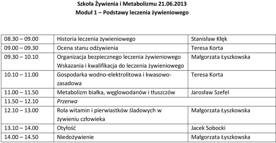 00 Gospodarka wodno-elektrolitowa i kwasowozasadowa Małgorzata Łyszkowska Teresa Korta 11.00 11.50 Metabolizm białka, węglowodanów i tłuszczów Jarosław Szefel 11.