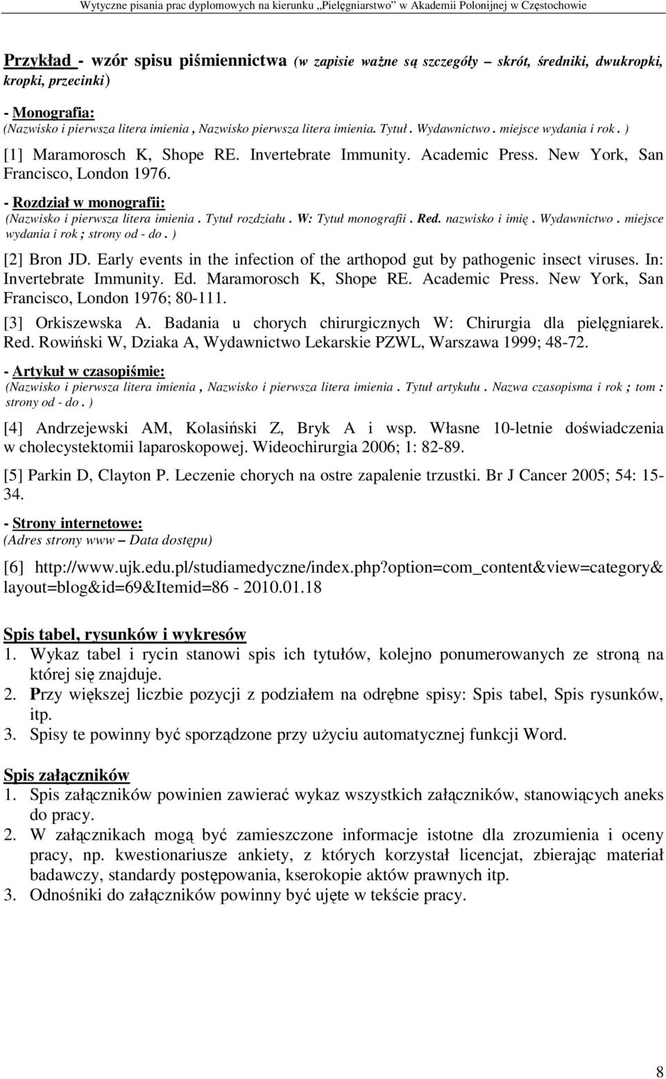 - Rozdział w monografii: (Nazwisko i pierwsza litera imienia. Tytuł rozdziału. W: Tytuł monografii. Red. nazwisko i imię. Wydawnictwo. miejsce wydania i rok ; strony od - do. ) [2] Bron JD.