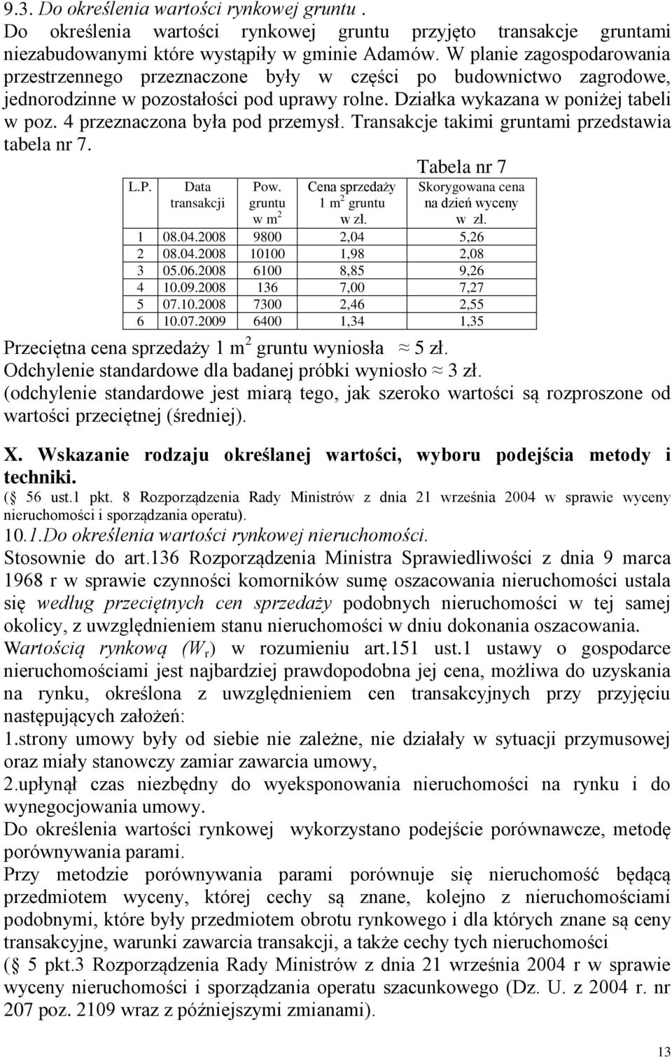 4 przeznaczona była pod przemysł. Transakcje takimi gruntami przedstawia tabela nr 7. Tabela nr 7 L.P. Data transakcji Pow.