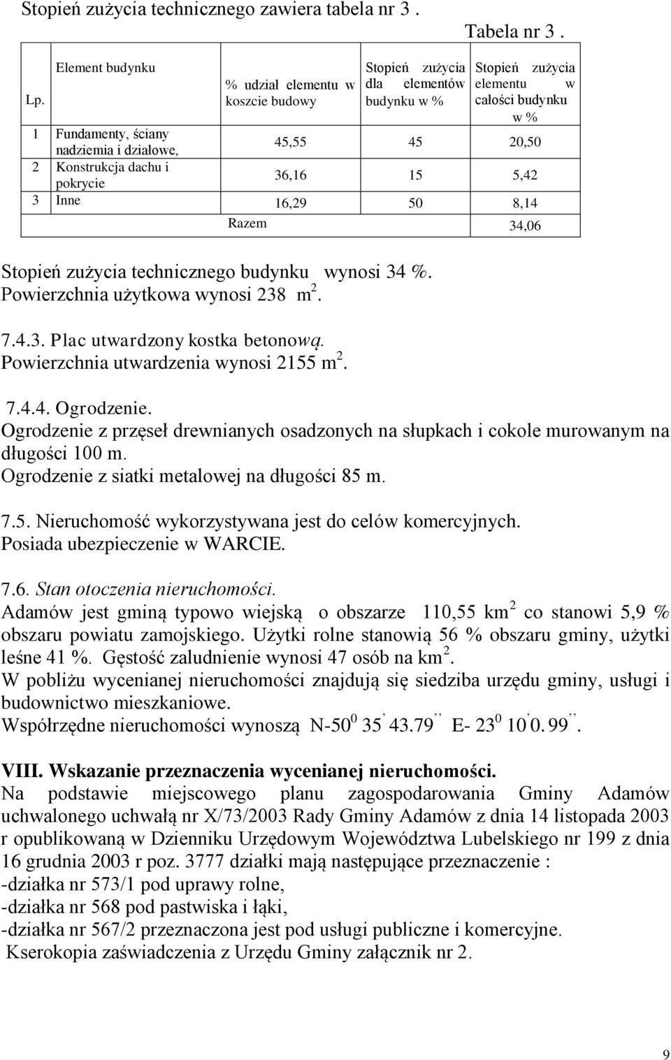 technicznego budynku wynosi 34 %. Powierzchnia użytkowa wynosi 238 m 2. 7.4.3. Plac utwardzony kostka betonową. Powierzchnia utwardzenia wynosi 2155 m 2. 7.4.4. Ogrodzenie.