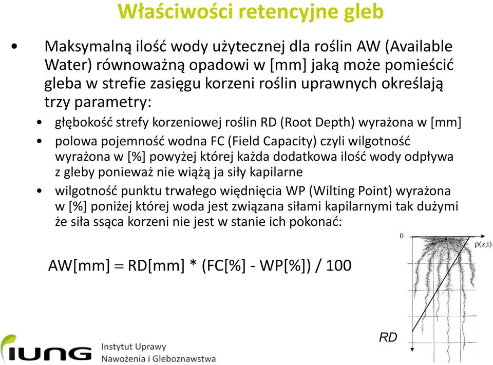 wyrażona w [%] powyżej której każda dodatkowa ilość wody odpływa z gleby ponieważ nie wiążą ja siły kapilarne wilgotność punktu trwałego więdnięcia WP (Wilting Point)