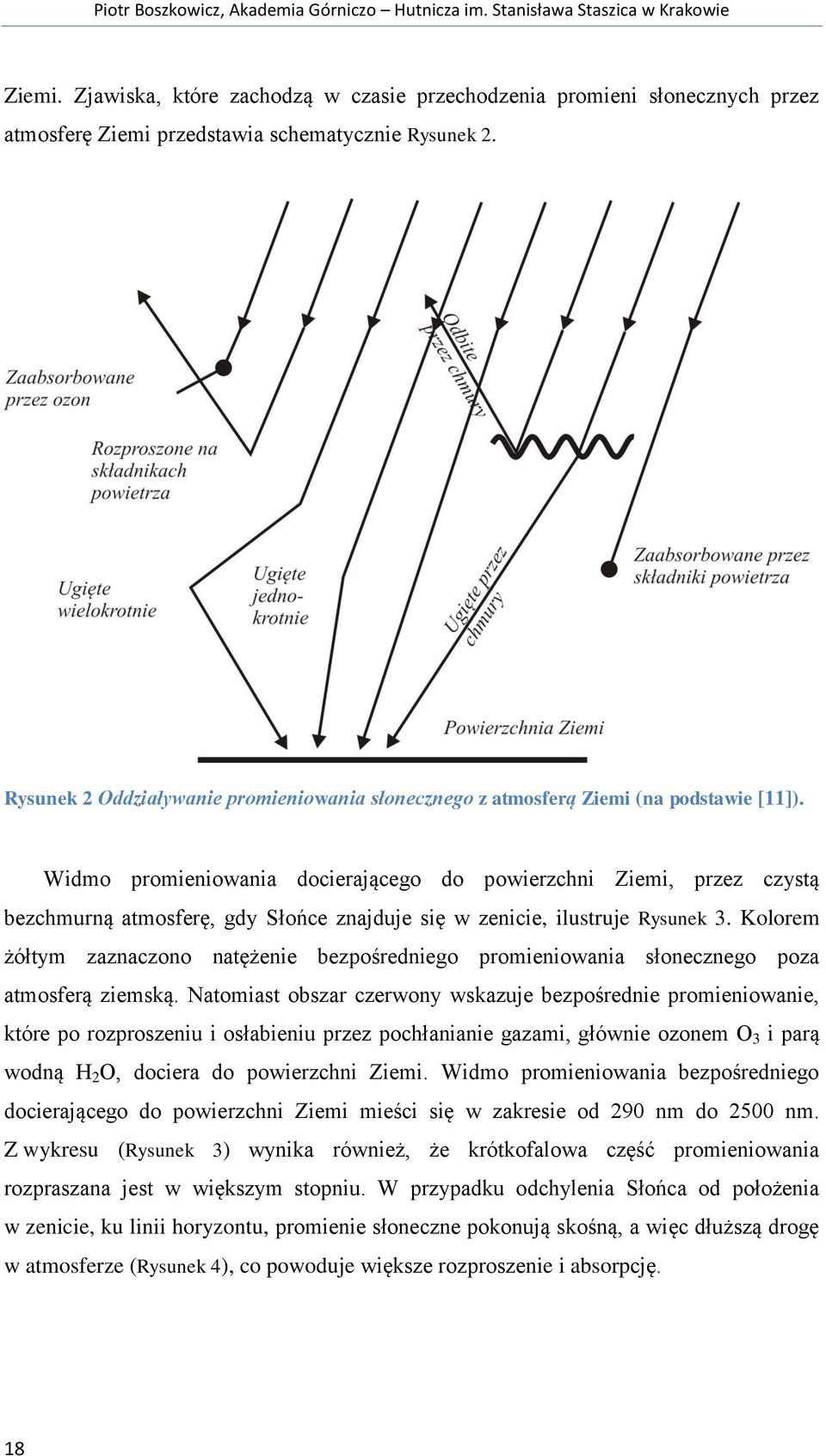 Rysunek 2 Oddziaływanie promieniowania słonecznego z atmosferą Ziemi (na podstawie [11]).