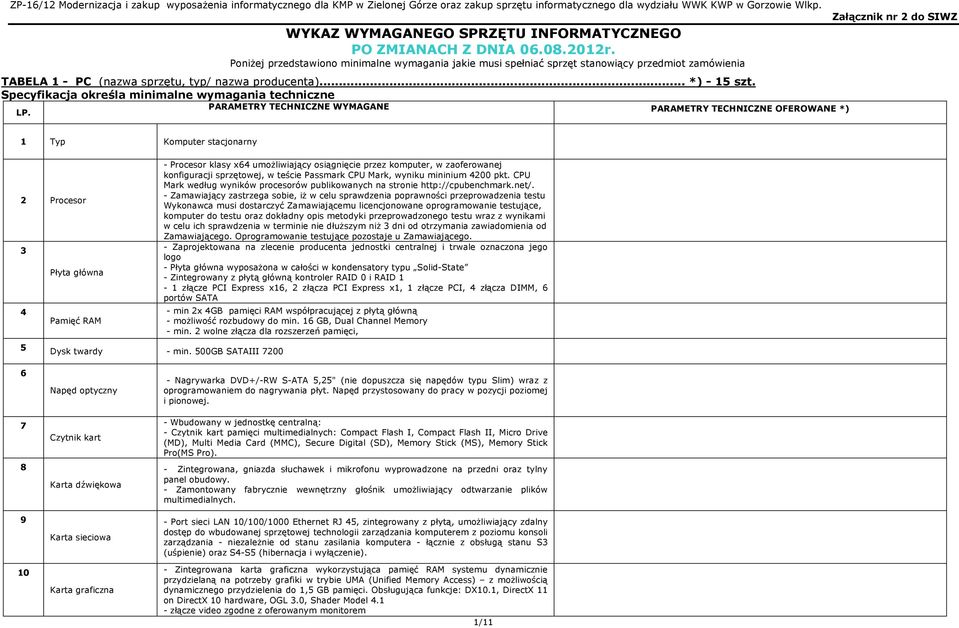 Specyfikacja określa minimalne wymagania techniczne PARAMETRY TECHNICZNE WYMAGANE PARAMETRY TECHNICZNE OFEROWANE *) 1 Typ Komputer stacjonarny 2 Procesor 3 4 5 Płyta główna Pamięć RAM - Procesor