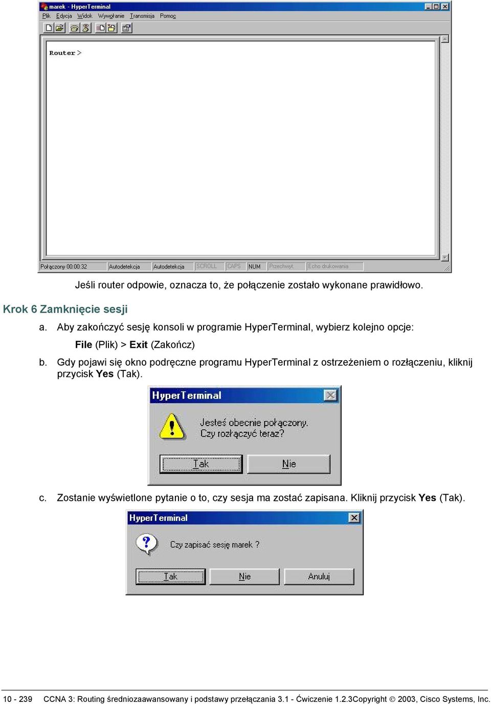 Gdy pojawi się okno podręczne programu HyperTerminal z ostrzeżeniem o rozłączeniu, kliknij przycisk Yes (Tak). c.