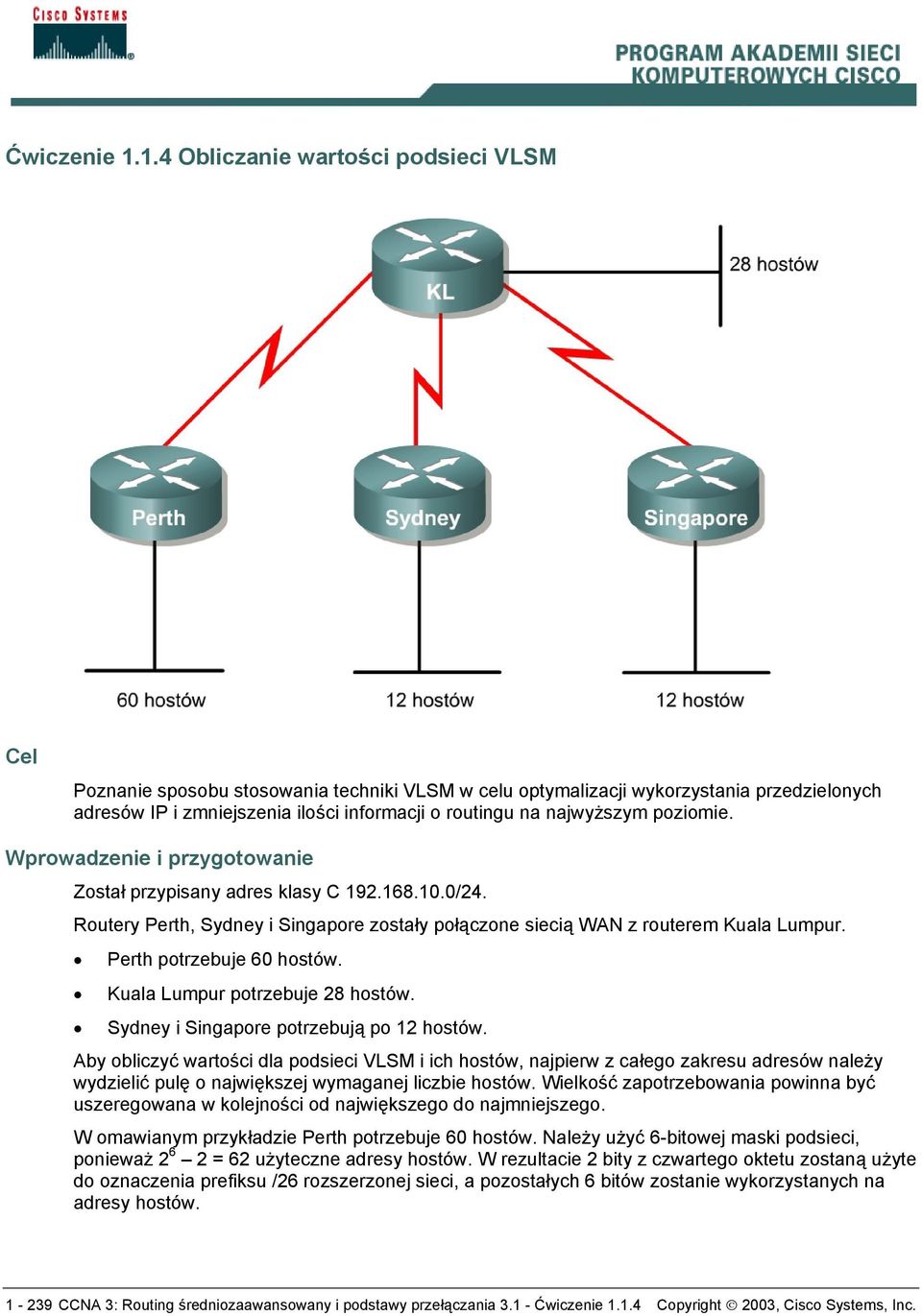 najwyższym poziomie. Wprowadzenie i przygotowanie Został przypisany adres klasy C 192.168.10.0/24. Routery Perth, Sydney i Singapore zostały połączone siecią WAN z routerem Kuala Lumpur.