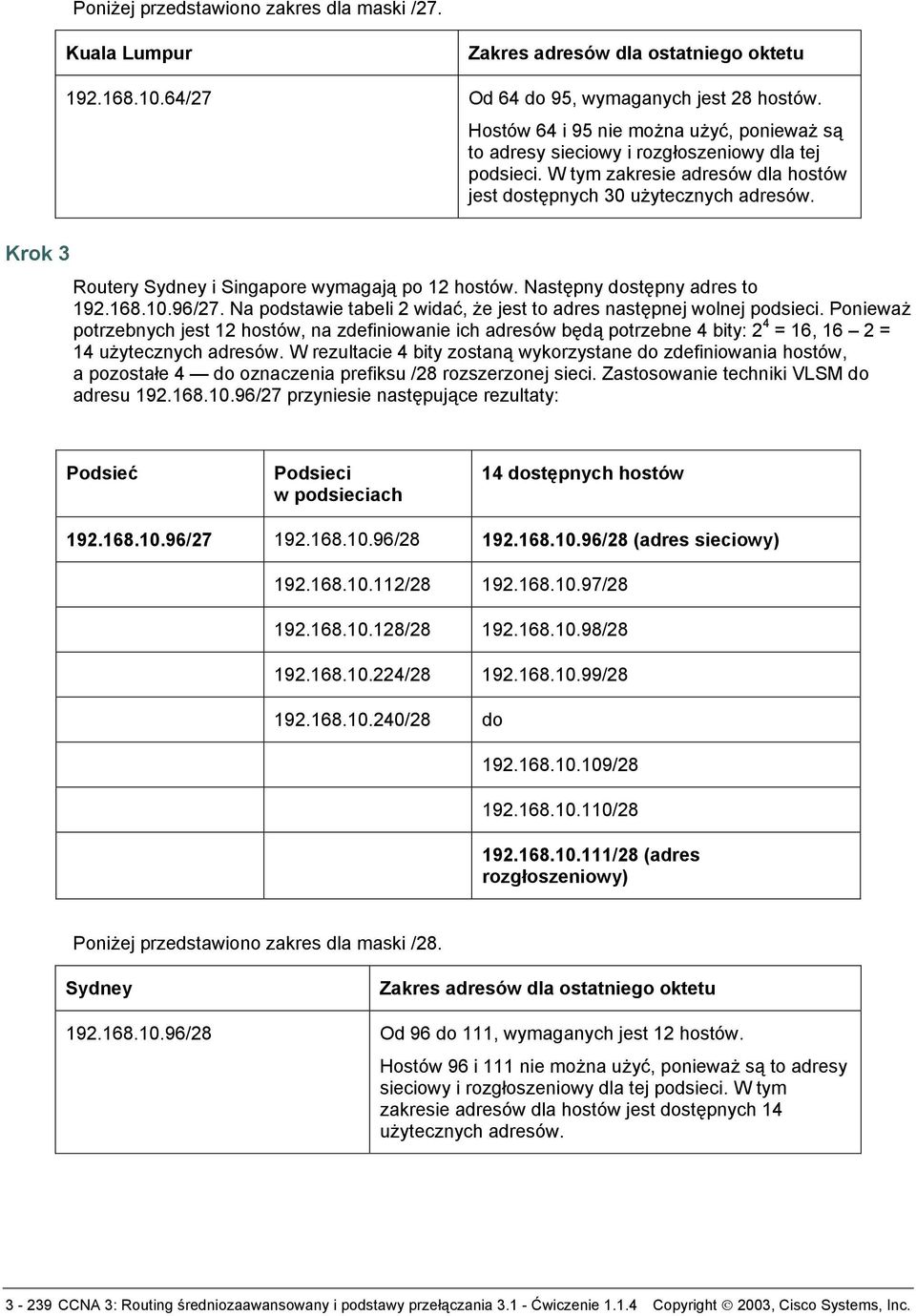 Krok 3 Routery Sydney i Singapore wymagają po 12 hostów. Następny dostępny adres to 192.168.10.96/27. Na podstawie tabeli 2 widać, że jest to adres następnej wolnej podsieci.