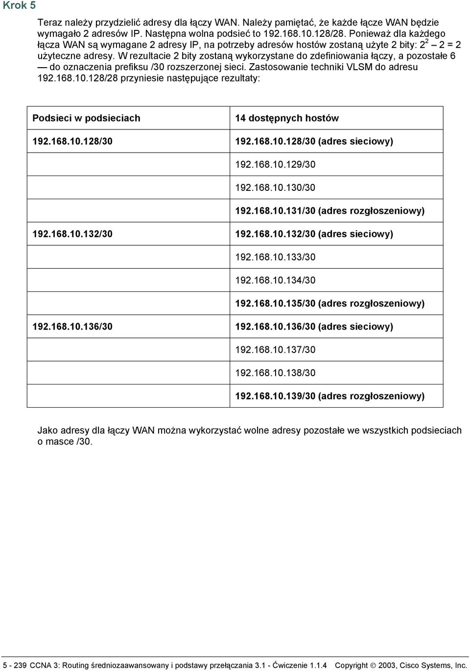 W rezultacie 2 bity zostaną wykorzystane do zdefiniowania łączy, a pozostałe 6 do oznaczenia prefiksu /30 rozszerzonej sieci. Zastosowanie techniki VLSM do adresu 192.168.10.