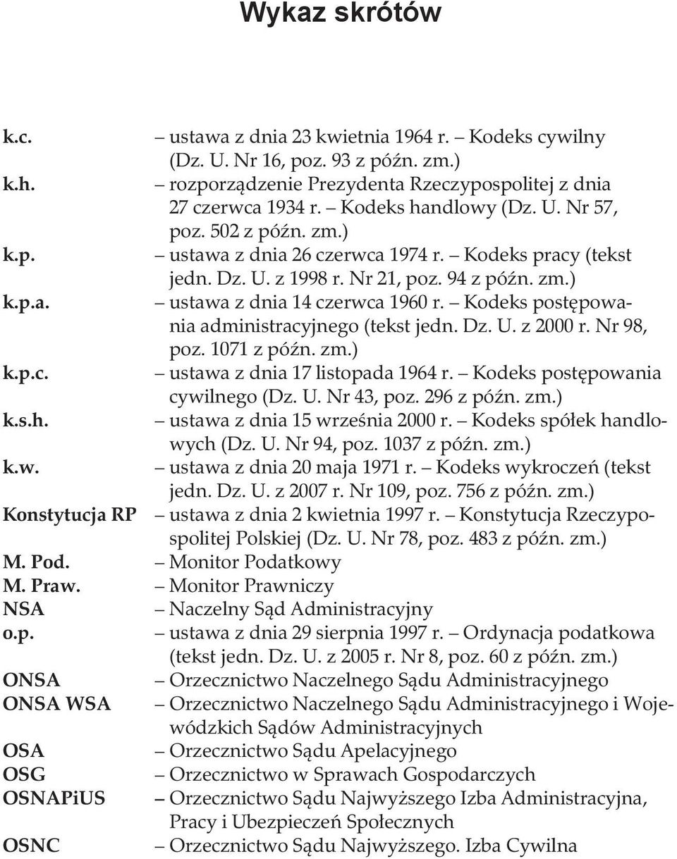 Kodeks postępowania administracyjnego (tekst jedn. Dz. U. z 2000 r. Nr 98, poz. 1071 z późn. zm.) k.p.c...ustawa z dnia 17 listopada 1964 r. Kodeks postępowania cywilnego (Dz. U. Nr 43, poz.