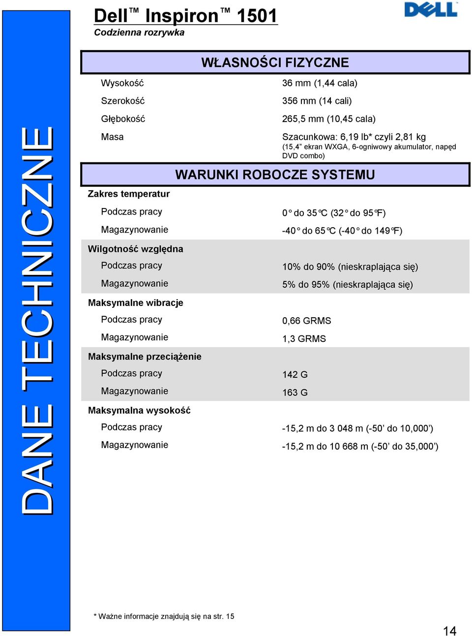 265,5 mm (10,45 cala) Szacunkowa: 6,19 lb* czyli 2,81 kg (15,4 ekran WXGA, 6-ogniwowy akumulator, napęd DVD combo) WARUNKI ROBOCZE SYSTEMU 0 do 35 C (32 do 95 F) -40 do 65 C