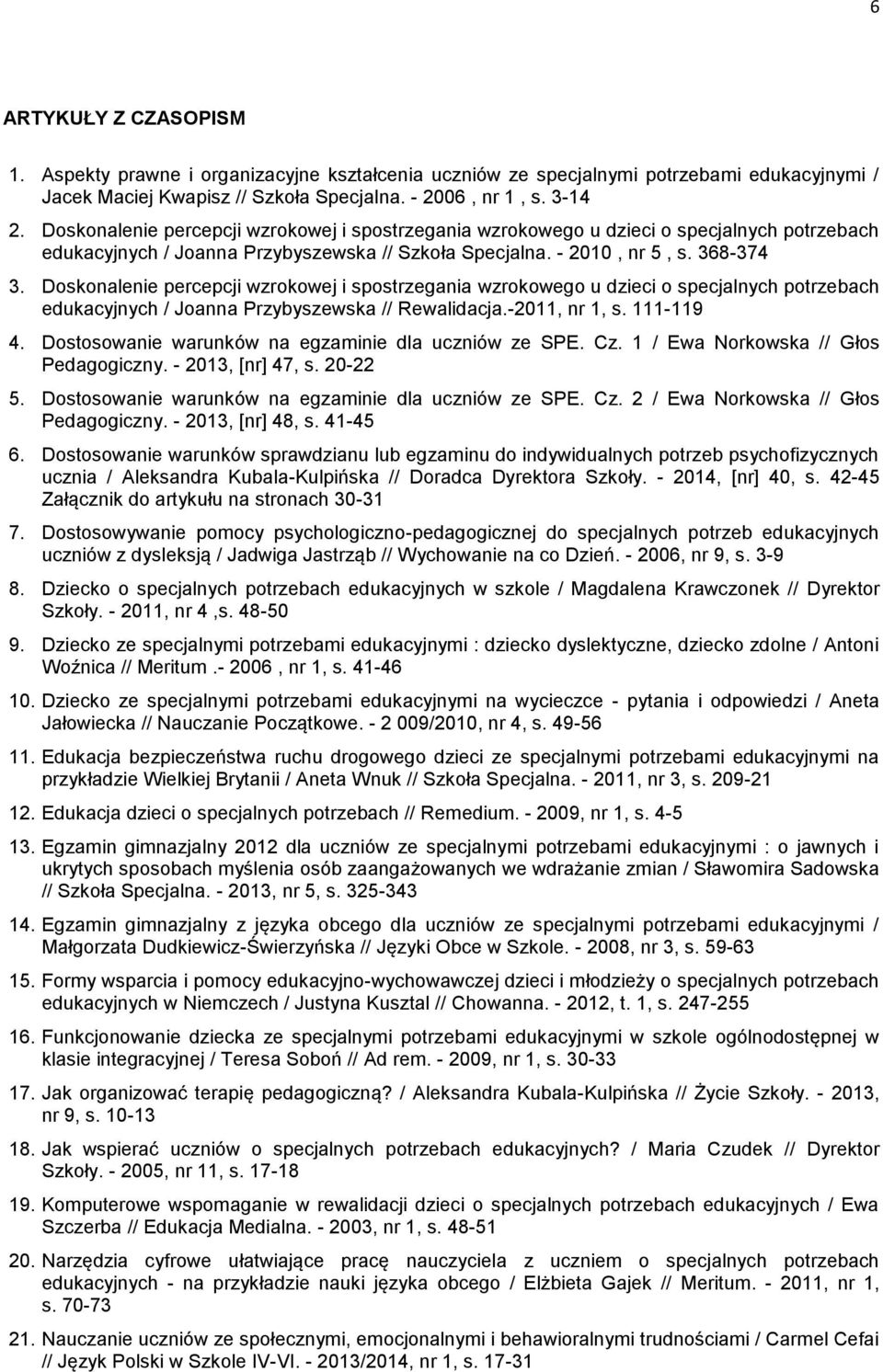 Doskonalenie percepcji wzrokowej i spostrzegania wzrokowego u dzieci o specjalnych potrzebach edukacyjnych / Joanna Przybyszewska // Rewalidacja.-2011, nr 1, s. 111-119 4.