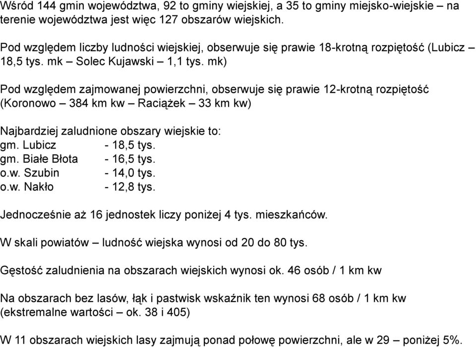 mk) Pod względem zajmowanej powierzchni, obserwuje się prawie 12-krotną rozpiętość (Koronowo 384 km kw Raciążek 33 km kw) Najbardziej zaludnione obszary wiejskie to: gm. Lubicz - 18,5 tys. gm. Białe Błota - 16,5 tys.