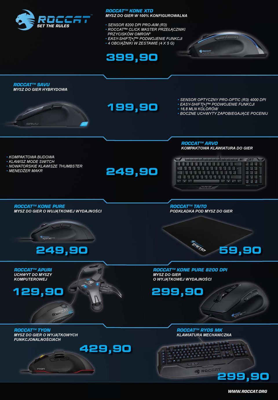 KLAWIATURA DO GIER KOMPAKTOWA BUDOWA KLAWISZ MODE SWITCH NOWATORSKIE KLAWISZE THUMBSTER MENEDŻER MAKR 249,90 ROCCAT KONE PURE MYSZ DO GIER O WUJĄTKOWEJ WYDAJNOŚCI ROCCAT TAITO PODKŁADKA POD MYSZ DO