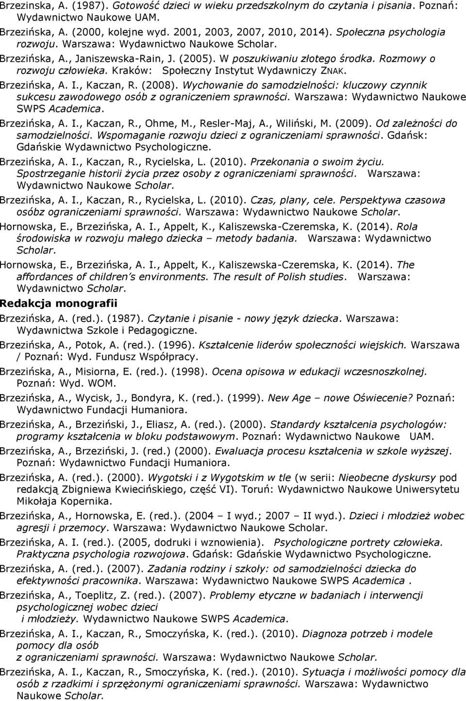 Kraków: Społeczny Instytut Wydawniczy ZNAK. Brzezińska, A. I., Kaczan, R. (2008). Wychowanie do samodzielności: kluczowy czynnik sukcesu zawodowego osób z ograniczeniem sprawności.