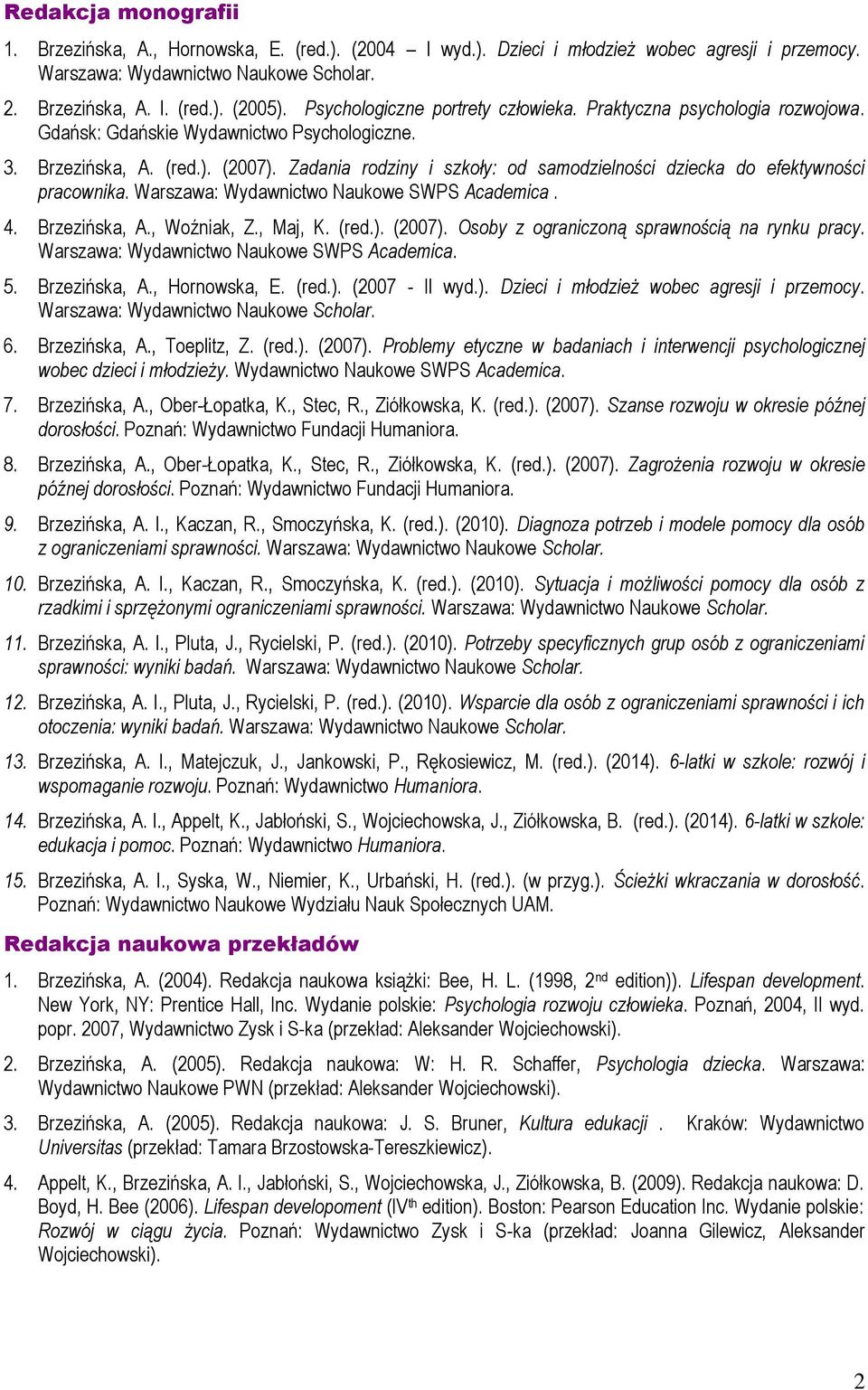 Zadania rodziny i szkoły: od samodzielności dziecka do efektywności pracownika. Warszawa: Wydawnictwo Naukowe SWPS Academica. 4. Brzezińska, A., Woźniak, Z., Maj, K. (red.). (2007).