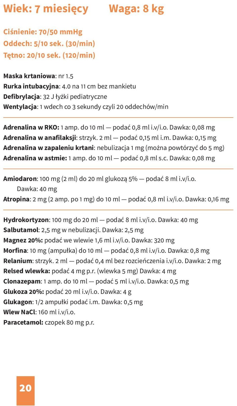 2 ml podać 0,15 ml i.m. Dawka: 0,15 mg Adrenalina w zapaleniu krtani: nebulizacja 1 mg (można powtórzyć do 5 mg) Adrenalina w astmie: 1 amp. do 10 ml podać 0,8 ml s.c. Dawka: 0,08 mg Amiodaron: 100 mg (2 ml) do 20 ml glukozą 5% podać 8 ml i.