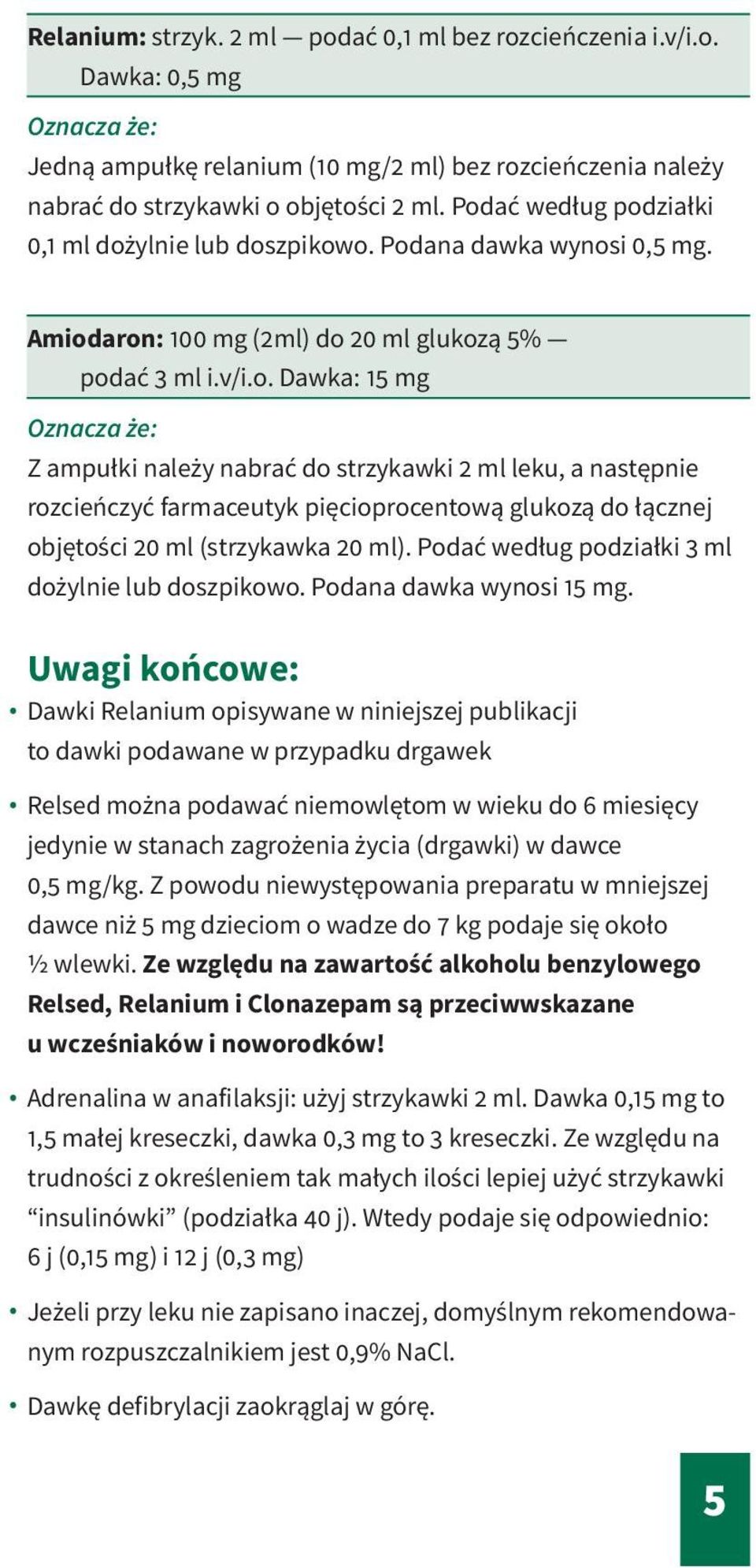 Podać według podziałki 3 ml dożylnie lub doszpikowo. Podana dawka wynosi 15 mg.