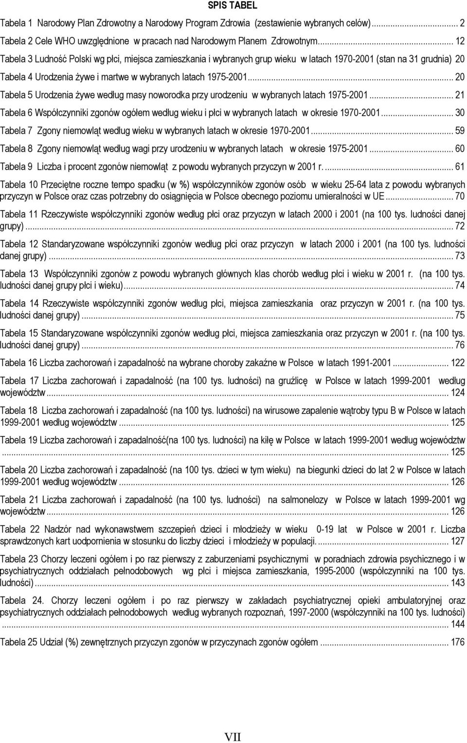 .. 20 Tabela 5 Urodzenia żywe według masy noworodka przy urodzeniu w wybranych latach 1975-2001... 21 Tabela 6 Współczynniki zgonów ogółem według wieku i płci w wybranych latach w okresie 1970-2001.