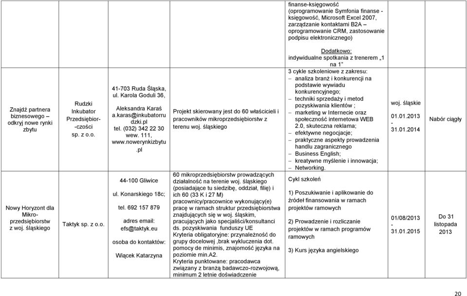karas@inkubatorru dzki.pl tel. (032) 342 22 30 wew. 111, www.nowerynkizbytu.pl 44100 Gliwice ul. Konarskiego 18c; tel. 692 157 879 adres email: efs@taktyk.