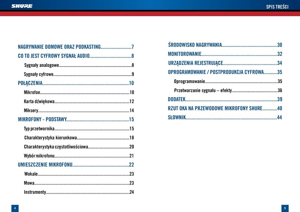 ..20 Wybór mikrofonu...21 Umieszczenie mikrofonu...22 Wokale...23 Mowa...23 Instrumenty...24 Środowisko nagrywania...30 MONITOROWANIE...32 Urządzenia rejestrujące.