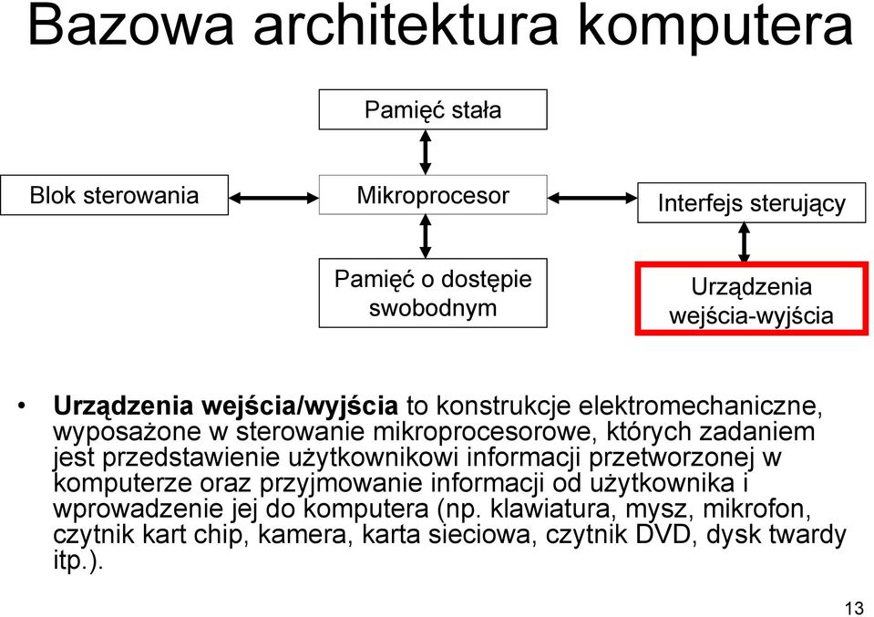 zadaniem jest przedstawienie użytkownikowi informacji przetworzonej w komputerze oraz przyjmowanie informacji od użytkownika i