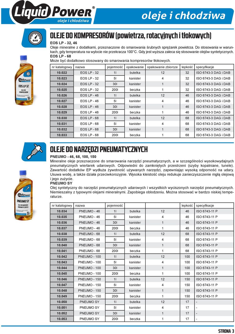 nr katalogowy nazwa pojemność opakowanie opakowanie lepkość specyfikacje 10.022 EOS LP - 32 1l butelka 12 32 ISO 6743-3 DAG i DAB 10.023 EOS LP - 32 5l kanister 4 32 ISO 6743-3 DAG i DAB 10.