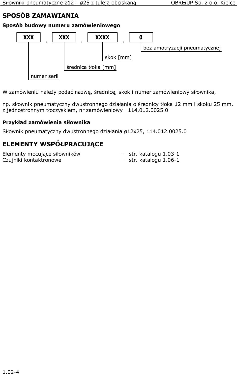 siłownik pneumatyczny dwustronnego działania o średnicy tłoka 12 mm i skoku 25 mm, z jednostronnym tłoczyskiem, nr zamówieniowy 114.012.