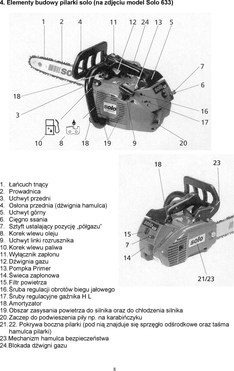 Filtr powietrza 16. Śruba regulacji obrotów biegu jałowego 17. Śruby regulacyjne gaźnika H L 18. Amortyzator 19. Obszar zasysania powietrza do silnika oraz do chłodzenia silnika 20.