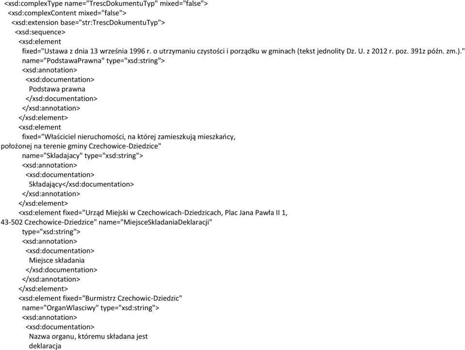 " name="podstawaprawna" type="xsd:string"> Podstawa prawna <xsd:element fixed="właściciel nieruchomości, na której zamieszkują mieszkańcy, położonej na terenie gminy Czechowice-Dziedzice"