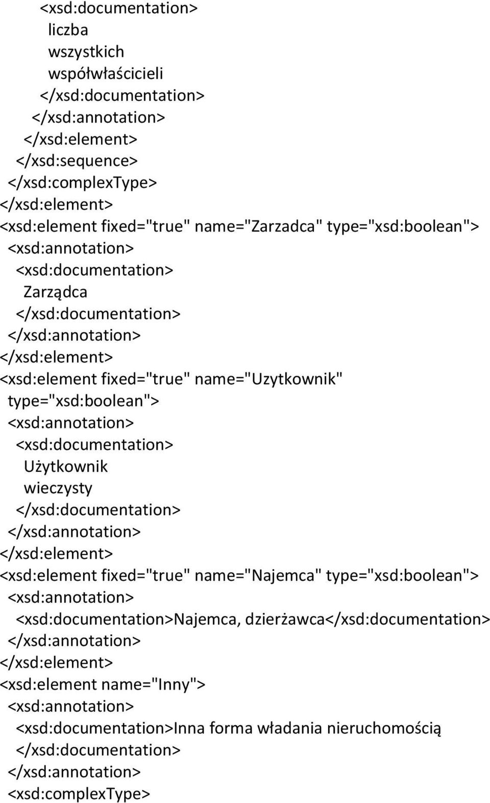 type="xsd:boolean"> Użytkownik wieczysty <xsd:element fixed="true" name="najemca"