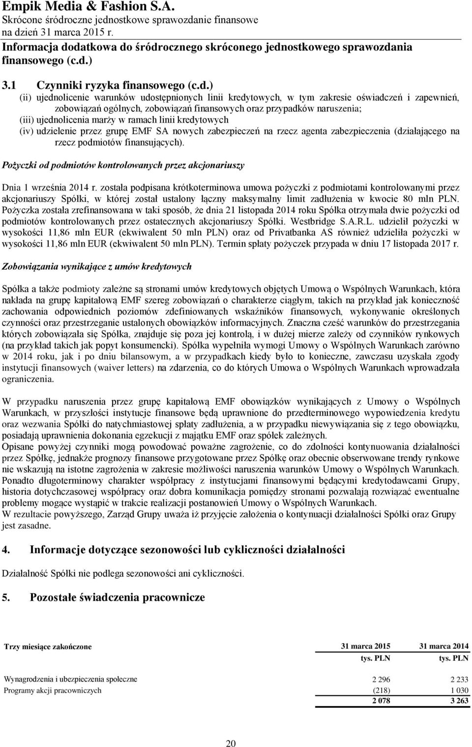 Pożyczki od podmiotów kontrolowanych przez akcjonariuszy Dnia 1 września 2014 r.