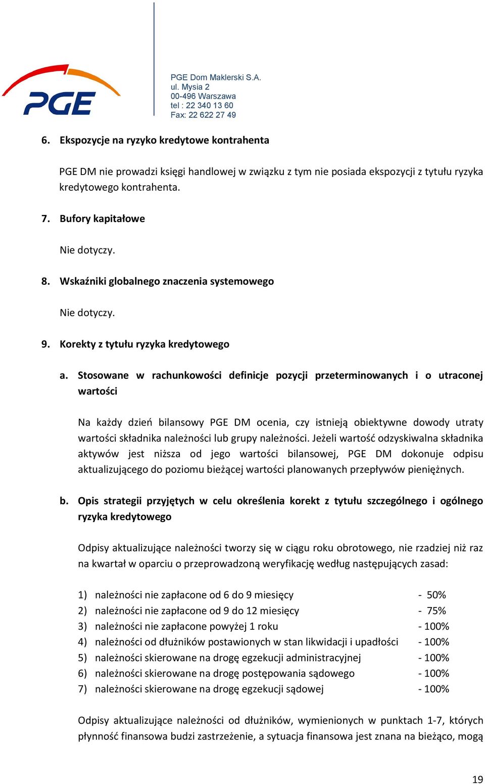 Stosowane w rachunkowości definicje pozycji przeterminowanych i o utraconej wartości Na każdy dzieo bilansowy PGE DM ocenia, czy istnieją obiektywne dowody utraty wartości składnika należności lub