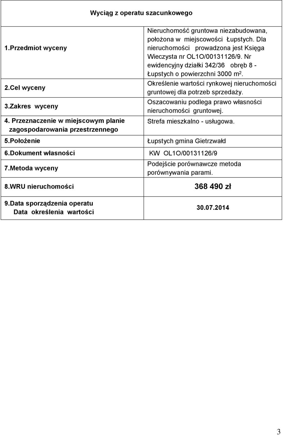 Dla nieruchomości prowadzona jest Księga Wieczysta nr OL1O/00131126/9. Nr ewidencyjny działki 342/36 obręb 8 - Łupstych o powierzchni 3000 m 2.