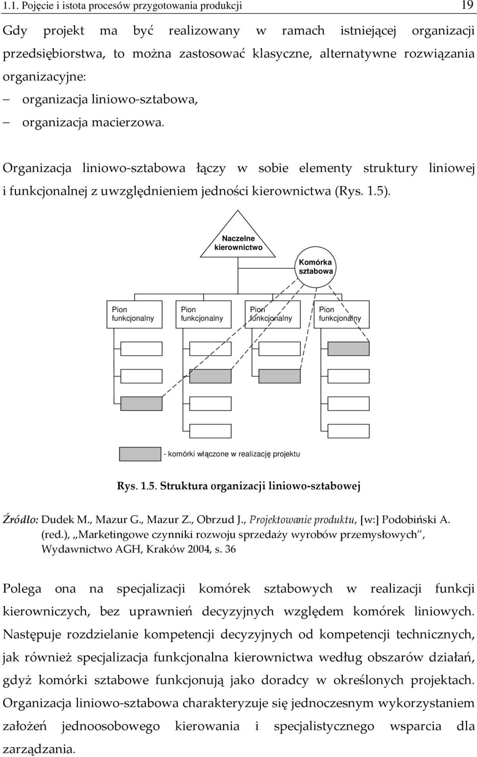 1.5). Naczelne kierownictwo Komórka sztabowa Pion funkcjonalny Pion funkcjonalny Pion funkcjonalny Pion funkcjonalny - komórki włączone w realizację projektu Rys. 1.5. Struktura organizacji liniowo-sztabowej Źródło: Dudek M.